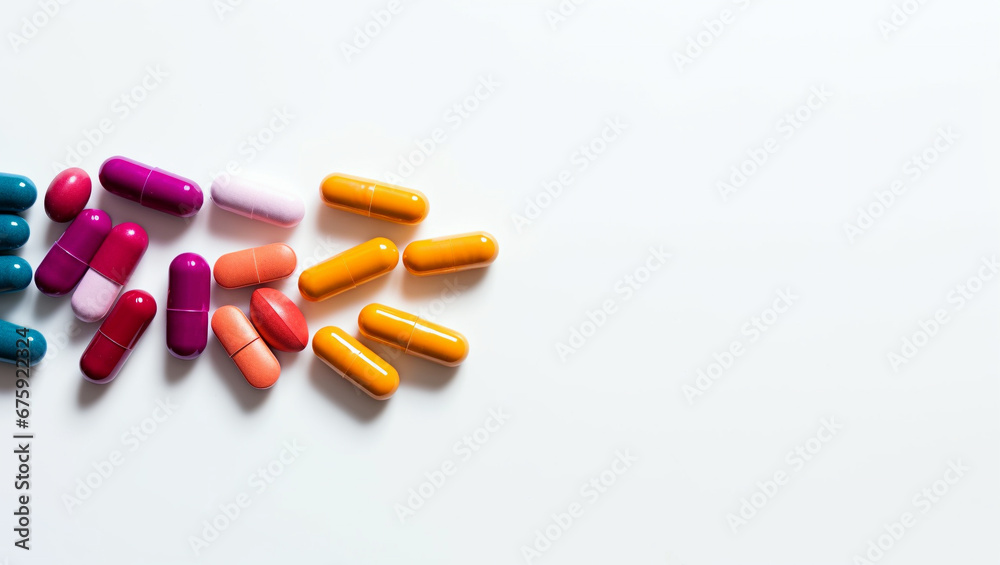 Pills on a white background. Medications that help with illnesses. Medicines for colds, ailments and pain. Pills on a white background. Medications that help with illnesses. Medicines for colds, ailments and pain.