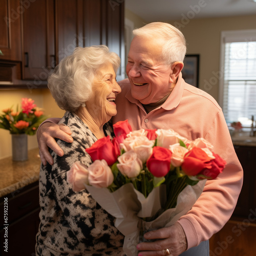 Senior man surprises wife with flowers