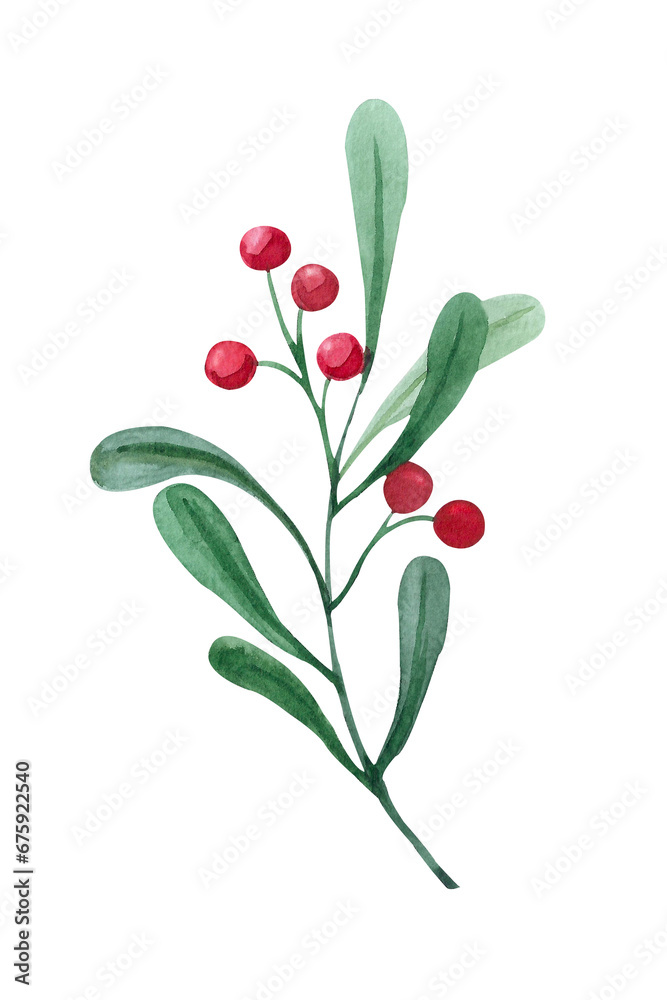 Watercolor twig with green leaves and red berries. Hand drawn Christmas illustration, holiday twig for design, fabric print, packaging, decoration, background. New Year cards and congratulations.