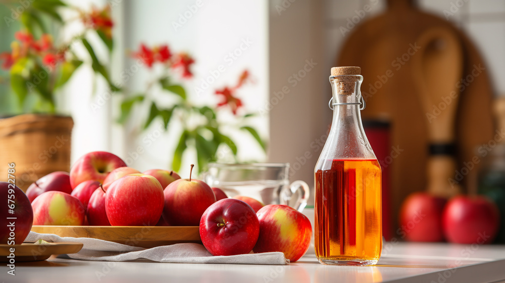 Vinegar, fresh apples on kitchen background. ai generative Vinegar, fresh apples on kitchen background. ai generative