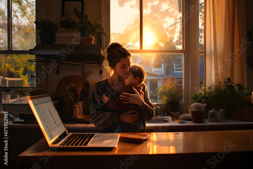 A mother teleworking from home with the computer with her son in her arms photo
