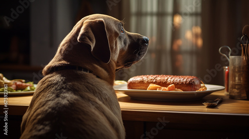 the dog looks at the roast turkey lying on the holiday table. ai generative