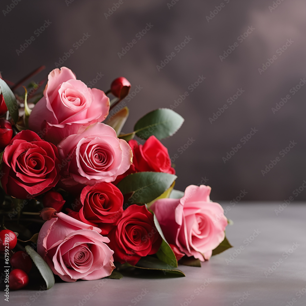 Obraz premium Bouquet of red and pink roses, interesting background for Valentine's day, copy space area, ai generative