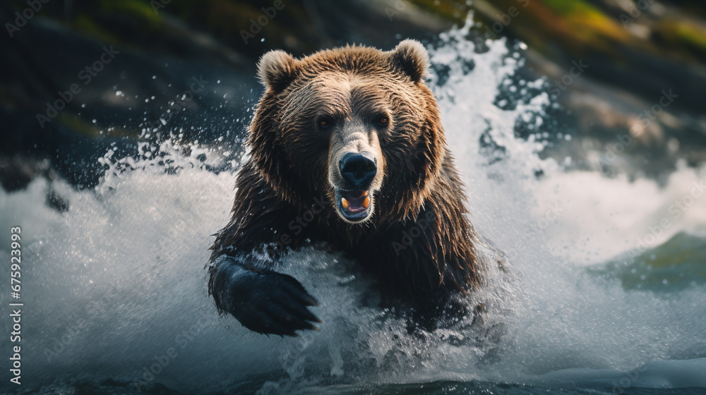 Grizzly hunting for Alaskan salmon. ai generative Grizzly hunting for Alaskan salmon. ai generative