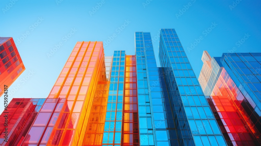 Colorful skyscrapers in the middle of a modern city.