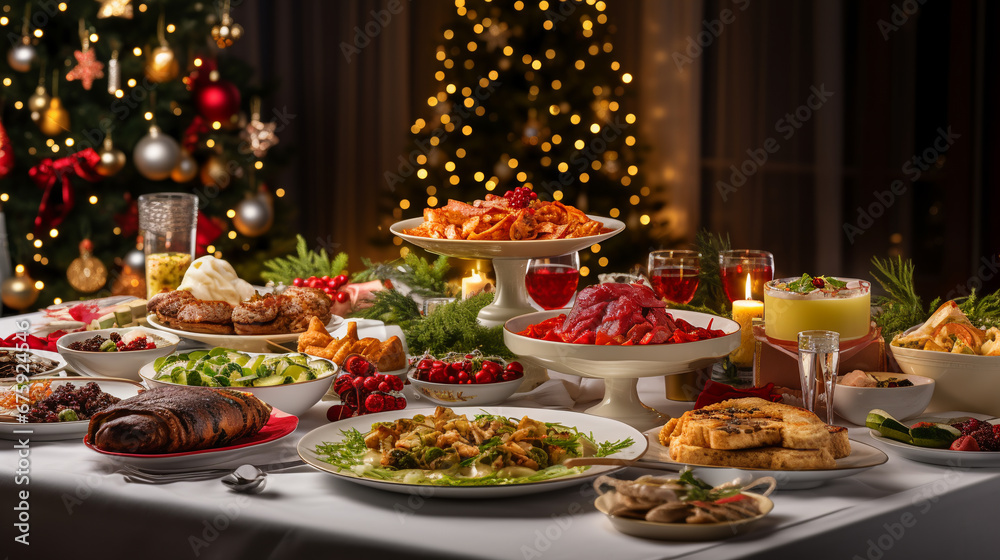 Christmas Dinner table full of dishes with food and snacks, New Year's decor with a Christmas tree on the background. ai generative