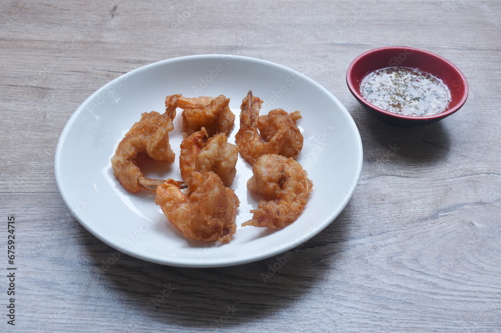 deep fried sea shrimp stuffed flour dipping chili sauce on plate deep fried sea shrimp stuffed flour dipping chili sauce on plate