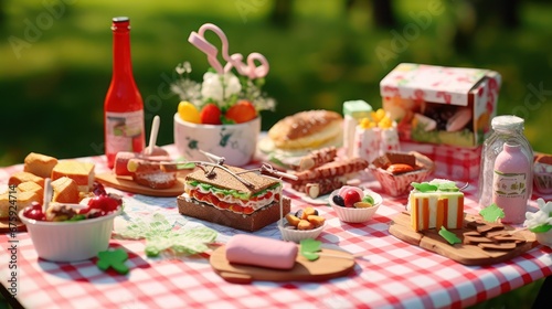 Picnic food sandwich outdoor with tablecloth set.