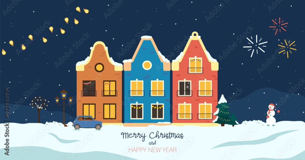 Merry Christmas and Happy New Year. Christmas winter city. Houses in snow, snowman, garland. Houses on the background of winter landscape. Flat style