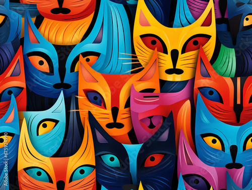 Abstract pattern of a cat s face that repeats and tiles. Vivid color. 2D flat cartoon style illustration. 