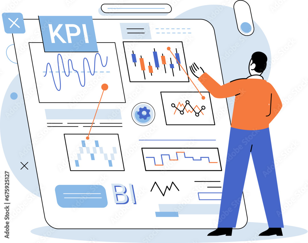 KPI key performance indicator. Vector illustration. Graphs and charts are essential tools in KPI analysis Information cornerstone of any business strategy Financial metrics provide snapshot KPI key performance indicator. Vector illustration. Graphs and charts are essential tools in KPI analysis Information cornerstone of any business strategy Financial metrics provide snapshot