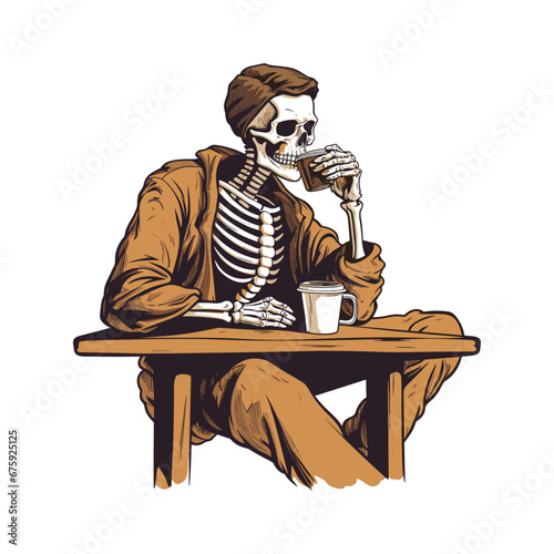 Vector illustration of dead skeleton skull drinking coffee, Generative Ai.