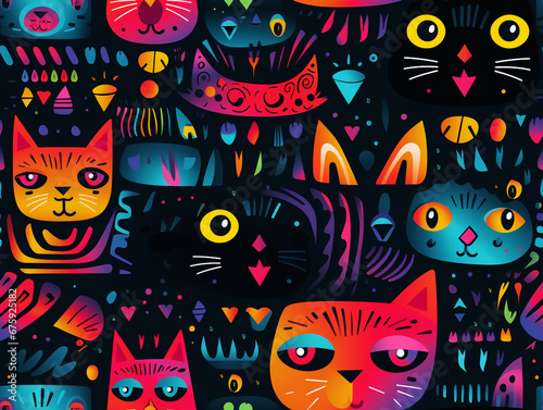 Abstract pattern of a cat s face that repeats and tiles. Vivid color. 2D flat cartoon style illustration. 