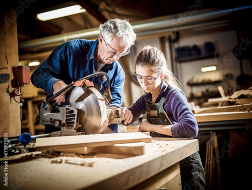 An elderly man teaches a teenager how to work a carpentry machine.