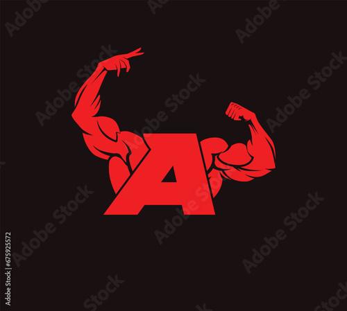 bodybuilder unique vector with letter A, gym and fitness logo, design, emblem and icon