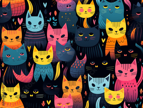 Abstract pattern of a cat's face that repeats and tiles. Vivid color. 2D flat cartoon style illustration. 