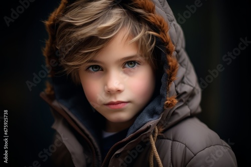 Portrait of a cute little boy in a warm coat. Winter fashion.