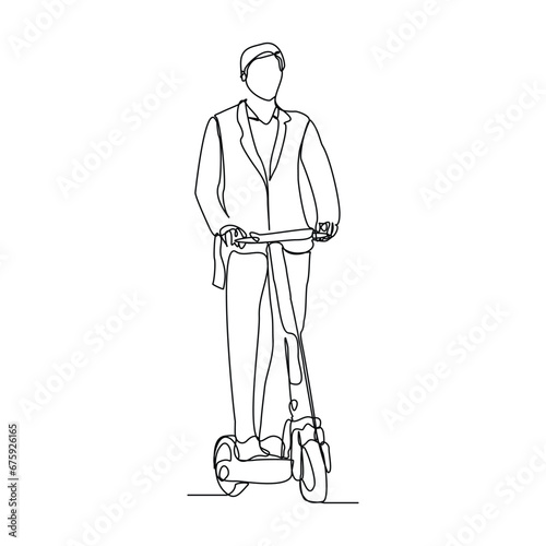 Continuous single line sketch drawing of young man ride electric scooter for mobile activity. One line modern go green future transportation vector illustration