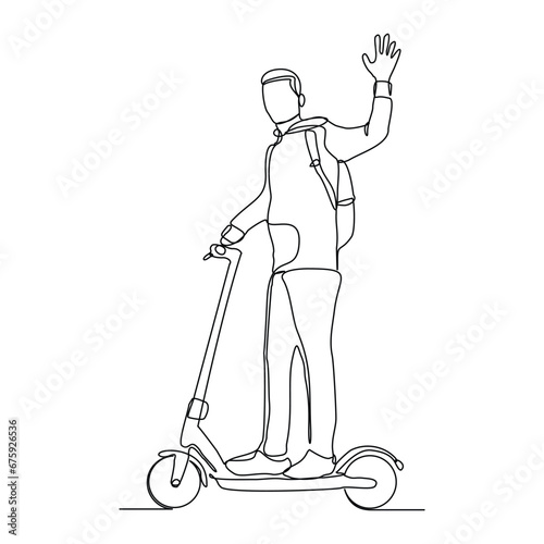 Continuous single line sketch drawing of young man ride electric scooter for mobile activity. One line modern go green future transportation vector illustration