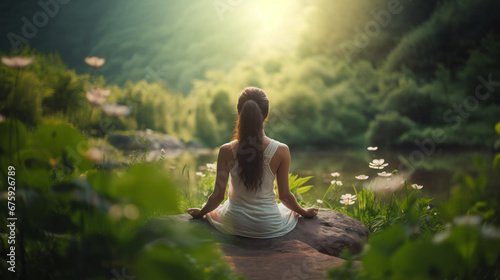Frau in meditativer Yoga-Pose genießt die Ruhe der Natur auf einer Wiese bei Sonnenuntergang photo