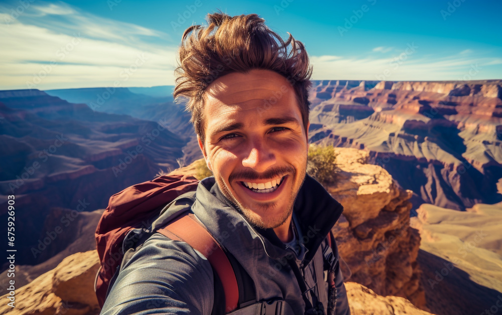 A young backpacker takes a selfie with a fantastic view behind him