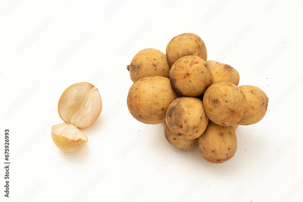 Thailand fruit. Lanzones from Southern Thailand isolated white background. 