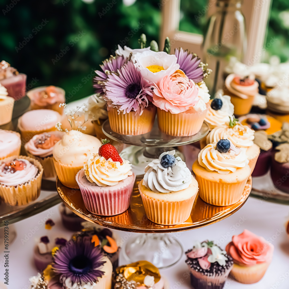 Cupcakes, cakes, scones and muffins and holiday decoration outdoors at the English country style garden, sweet desserts for wedding, birthday or party celebration, generative ai