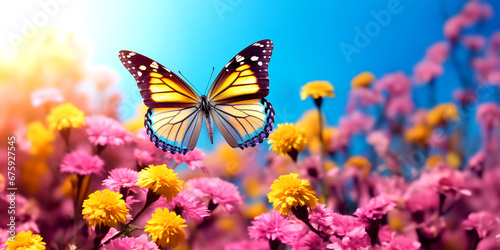 Realistic tagetes flowers and butterfly with copy space concept