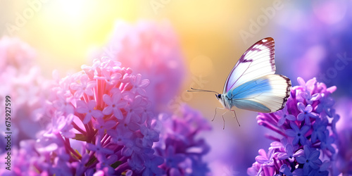 Realistic lilacs flowers and butterfly with copy space concept © NightTampa