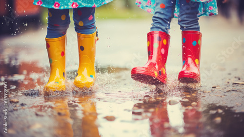 unrecognizable children walking in colorful rain boots through the puddle of water