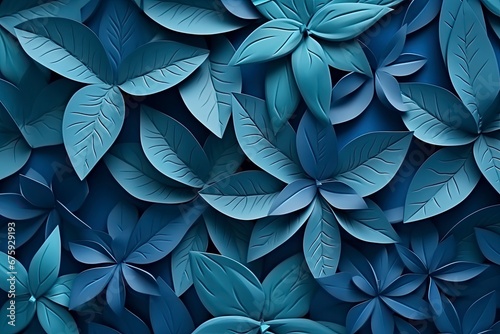 Kaleidoscope of blue paper leaves on a blue background. photo