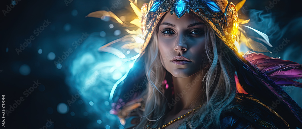 Enchantress in Colors: A Stunning and Vibrant Portrayal of a Mystical Female Wizard, Perfect for Screensavers and Desktop Backgrounds