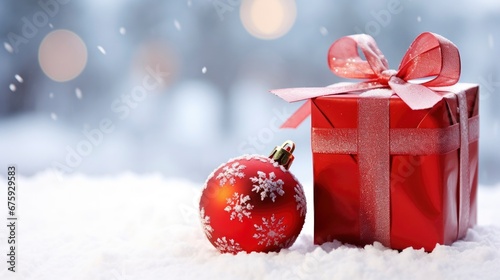 Red Christmas ornament with red wrapping paper and Christmas box on a snowy background photo.