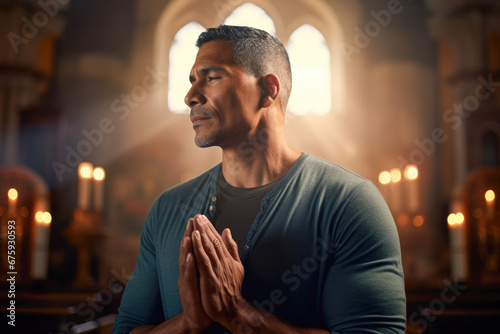 Man in lit church praying for forgiveness.
