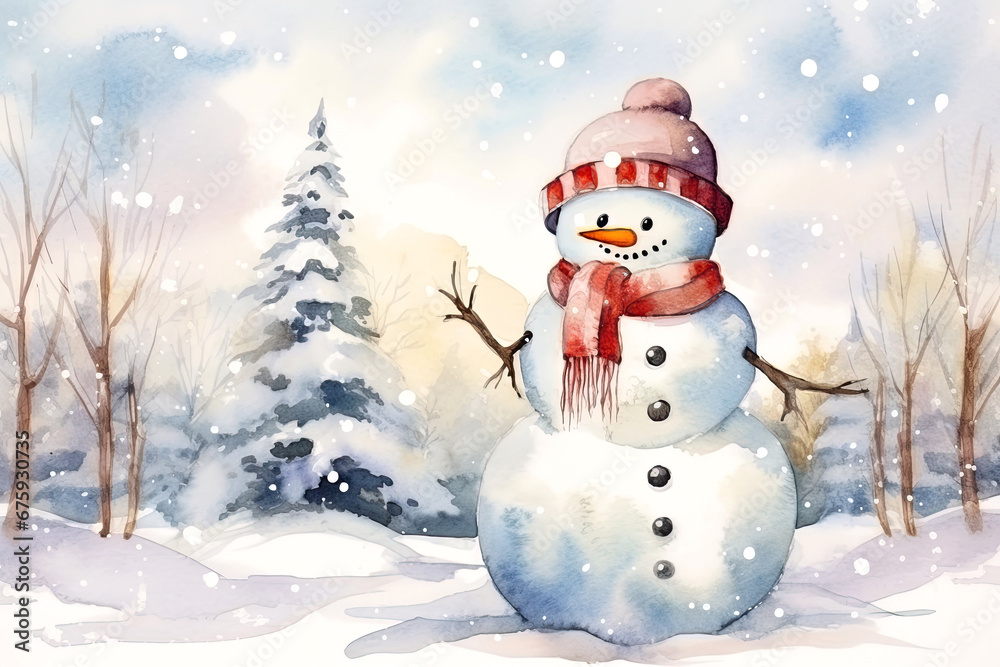 A painting of a happy snowman in a snowy forest landscape Festive watercolour illustration