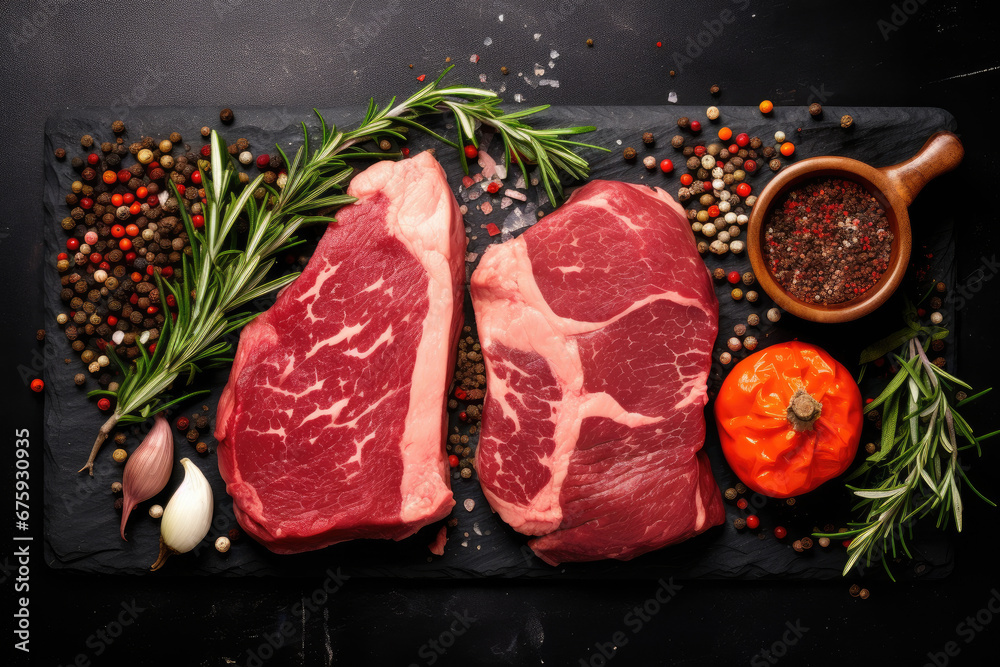Fresh raw steak meat on slate black board top view, Variety of beef steak, spices, seasoning for cooking, grilling, black angus prime, striploin, rib eye, sirlion, view from above. generative ai