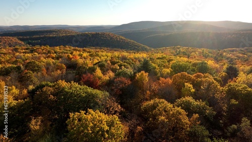 Sunset over mountains  forest and trees in Fall Autumn colors near Pennsylvania Grand Canyon 