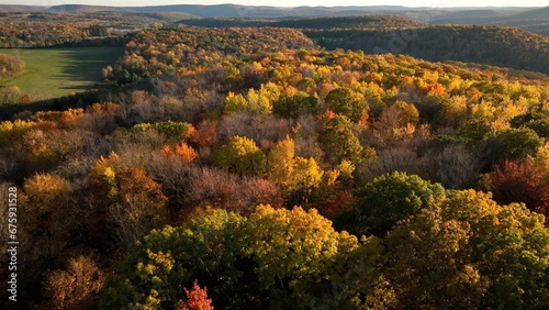 Sunset over mountains, forest and trees in Fall Autumn colors near Pennsylvania Grand Canyon 
