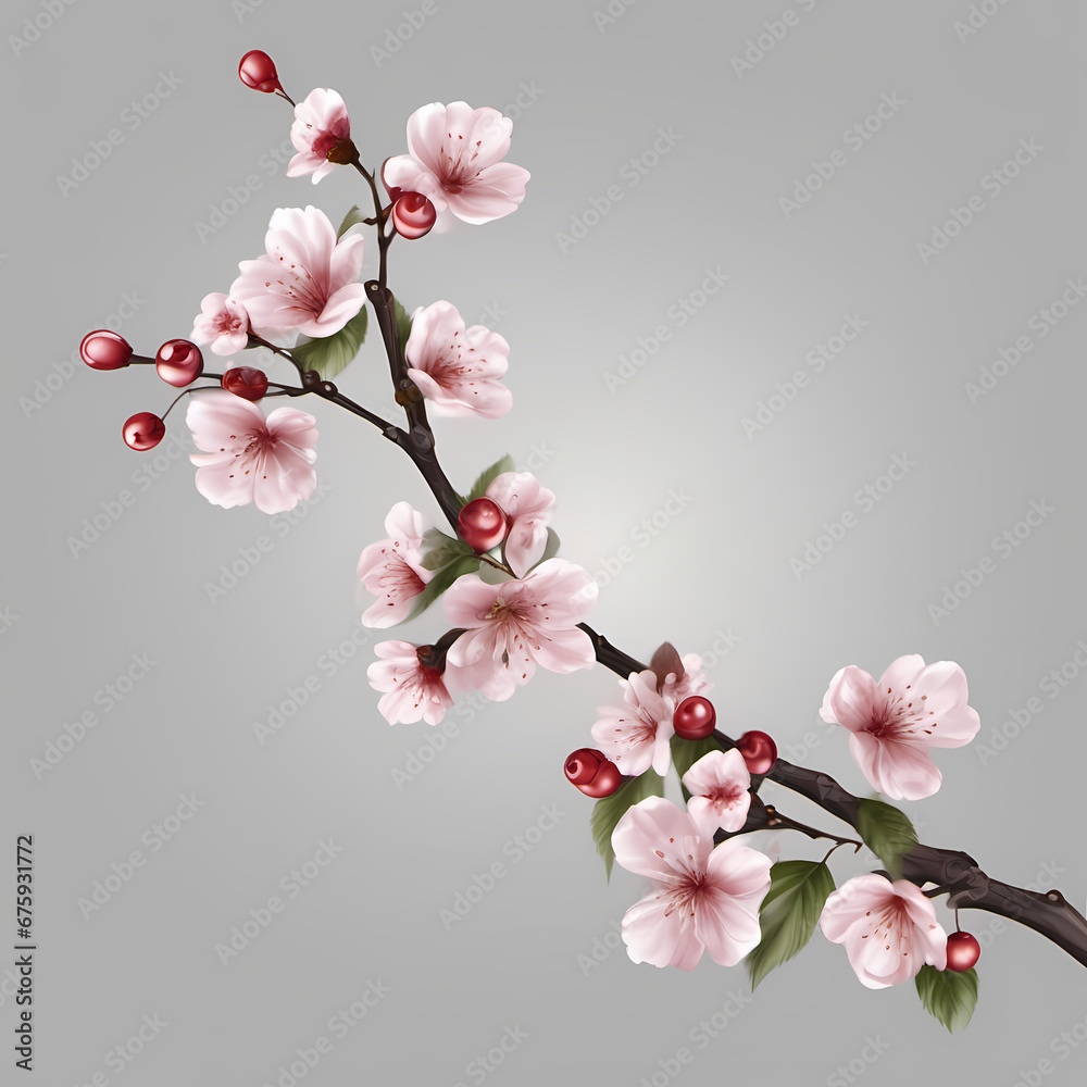 Fototapeta premium Spiralblock für einen digitalen Planer mit Kirschblütenform-Post-it-Symbol auf weißem Hintergrund und ästhetischem Hintergrund mit Blumenmuste