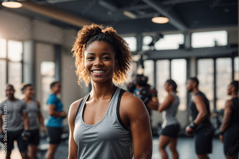 Smiling Afro-American Female Boxer amid Training Group in the Gym