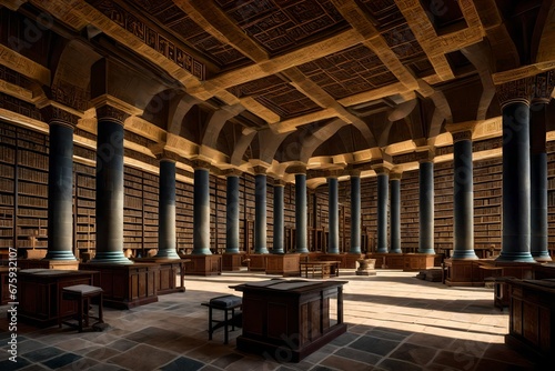 inside of the ancient library at Alexandria 2000 years ago. Students and scholars reading from huge racks to papyrus scrolls. Walls covered with hieroglyphs