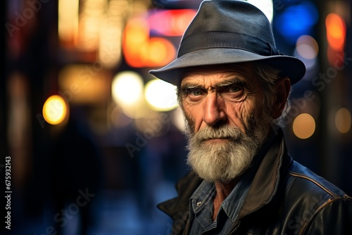 Portrait of an old man with a long gray beard and a cap on a street at night