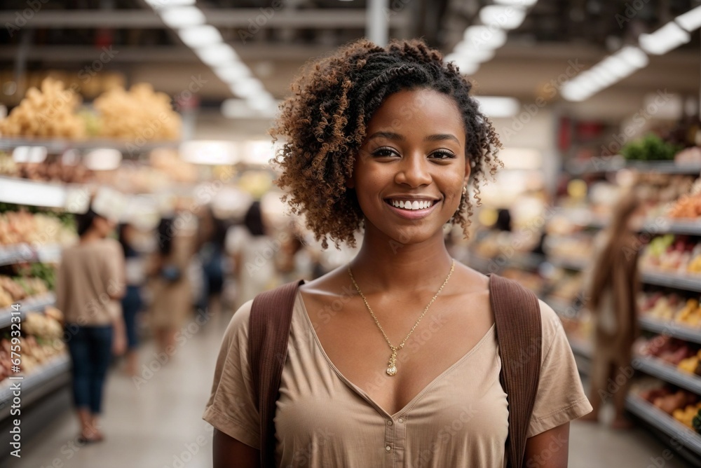 Radiant Smile: Happy African-American Woman at the Supermarket near the Grocery Section.