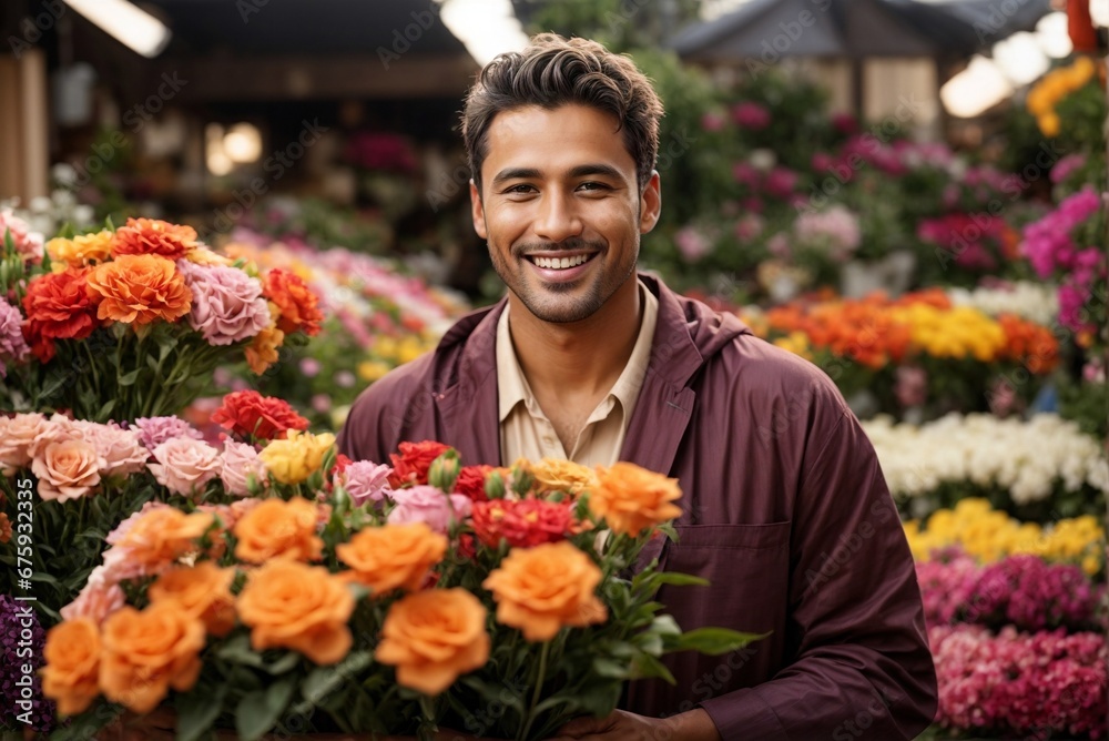 Happy male flower vendor and gardener against the backdrop of his flower shop.