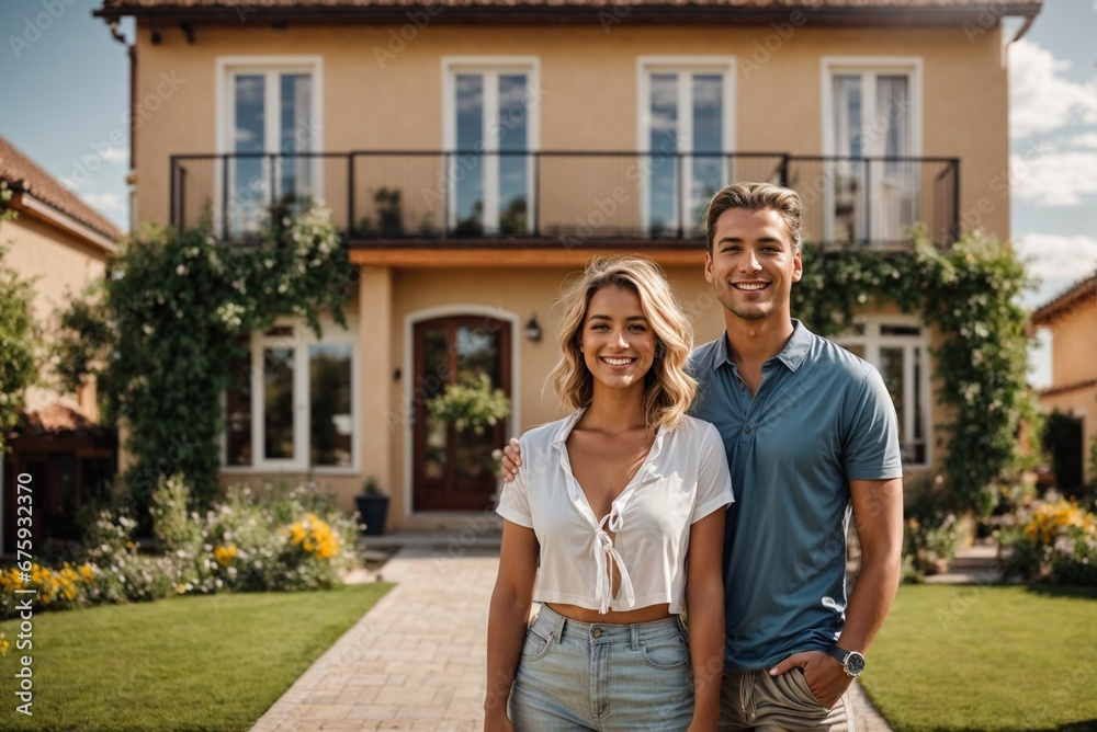 Happy Owners: Young Couple in Front of Their New Home