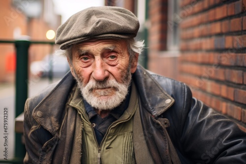 Portrait of an elderly man with a gray beard and a cap on the street.