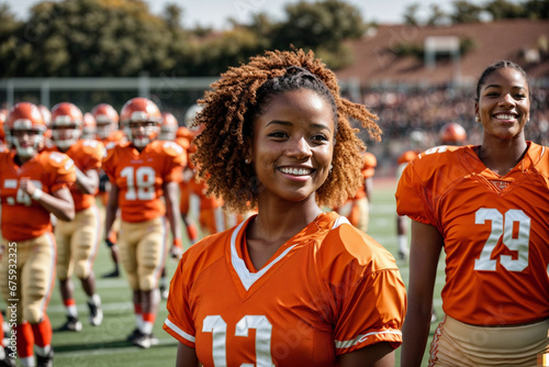 Happy African American female American football player on the field with her team, wearing orange uniforms.