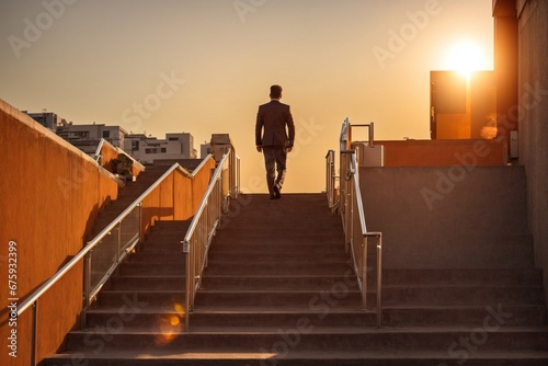Orange-suited Businessman: Conquering the Stairs of Success