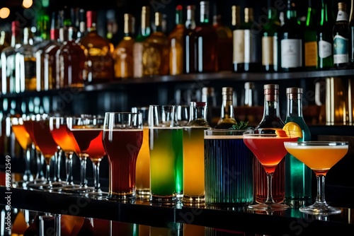 wine glasses on counter, Variety of alcoholic drinks and multi colored cocktails on the reflective surface of bar counter. Blurred shelves with bottles on background