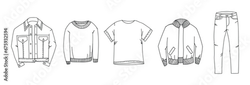 Clothes doodles set. Casual style. Fashion doodles. Clothes sketches. 